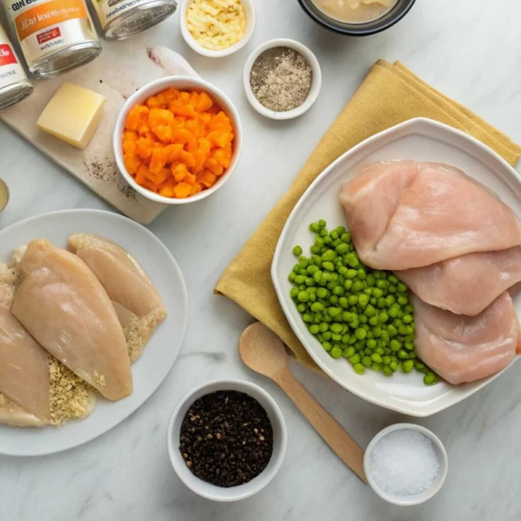 Fresh ingredients for Crockpot Chicken Pot Pie including boneless chicken, cream of chicken soup, frozen mixed vegetables and biscuits arranged on a modern marble surface
