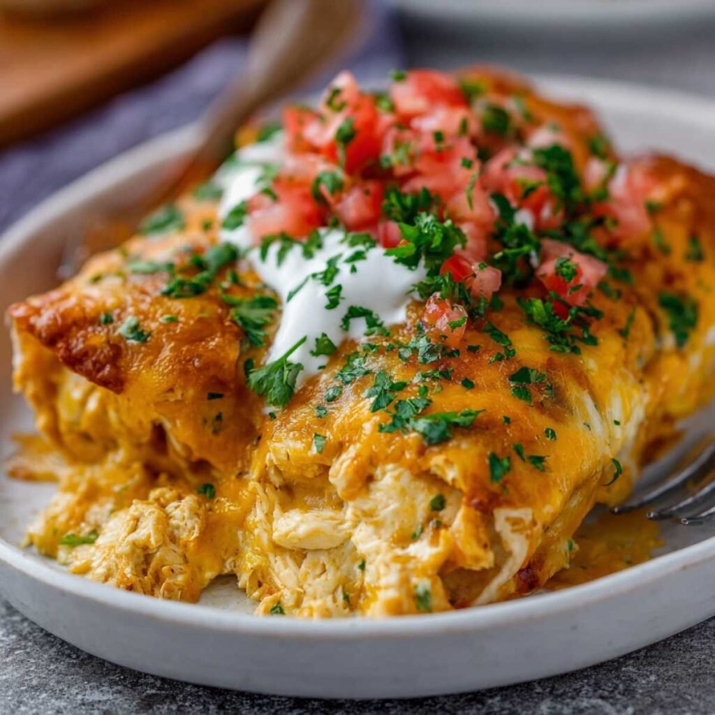 Close-up of Easy Chicken Enchiladas showing creamy shredded chicken filling and golden melted cheese, garnished with sour cream, tomato, and cilantro on a plate.