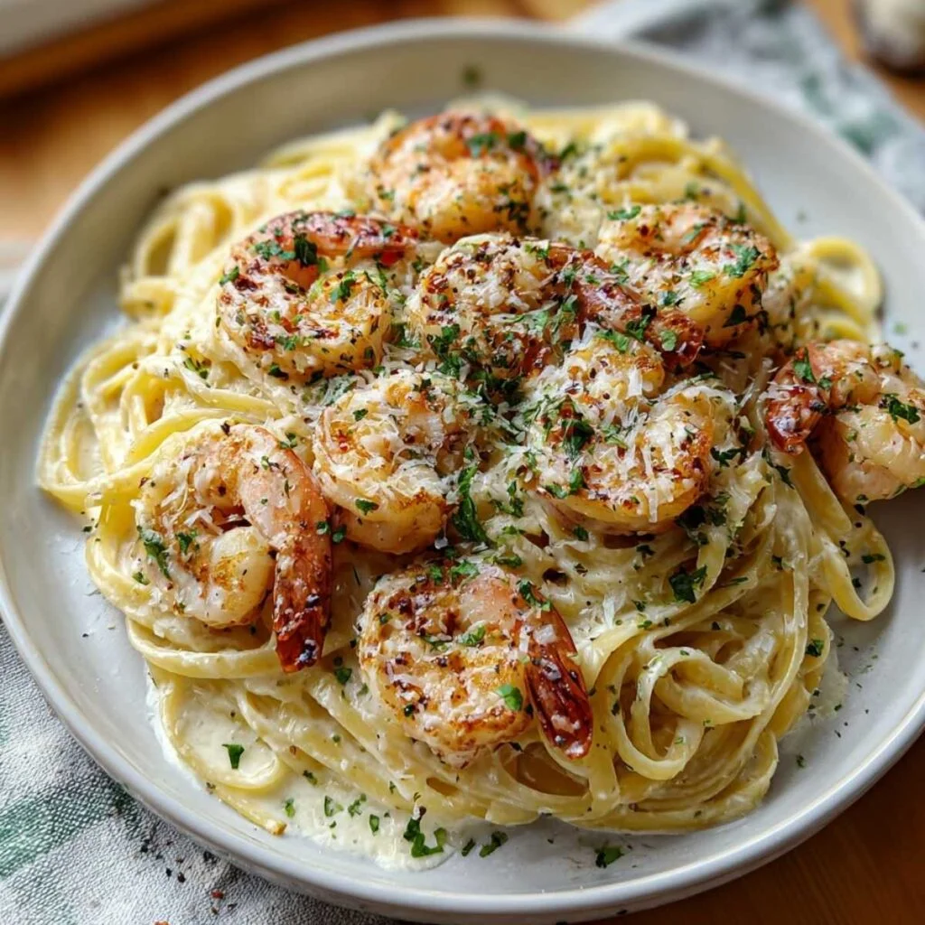 Close-up of Easy Creamy Garlic Shrimp Pasta showing perfectly seared shrimp, creamy sauce and fresh parmesan on fettuccine.