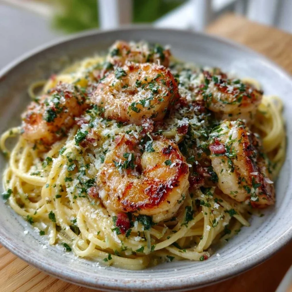 Easy Creamy Garlic Shrimp Pasta in white ceramic bowl showing golden seared shrimp, creamy sauce and fresh parsley garnish