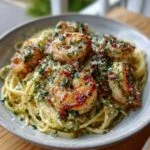 Easy Creamy Garlic Shrimp Pasta in white ceramic bowl showing golden seared shrimp, creamy sauce and fresh parsley garnish