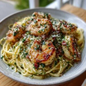 Easy Creamy Garlic Shrimp Pasta in white ceramic bowl showing golden seared shrimp, creamy sauce and fresh parsley garnish