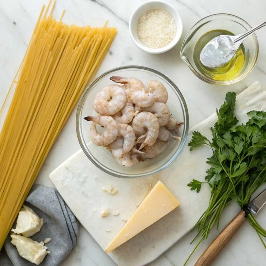 Fresh ingredients for Easy Creamy Garlic Shrimp Pasta including raw shrimp, spaghetti, parmesan cheese and fresh parsley on marble.