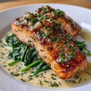 Garlic Butter Salmon with Spinach on a white plate, showcasing golden seared salmon with creamy garlic sauce and fresh herbs