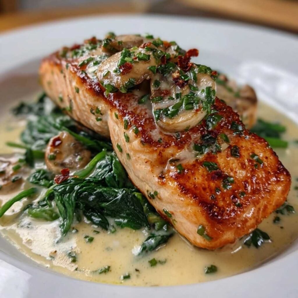 Close-up of Garlic Butter Salmon with Spinach showing golden seared crust and sautéed mushrooms on creamy spinach bed