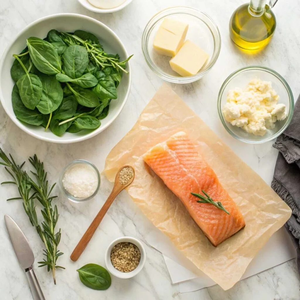 Fresh ingredients for Garlic Butter Salmon with Spinach including skin-on salmon fillets, baby spinach, garlic and heavy cream arranged on marble surface