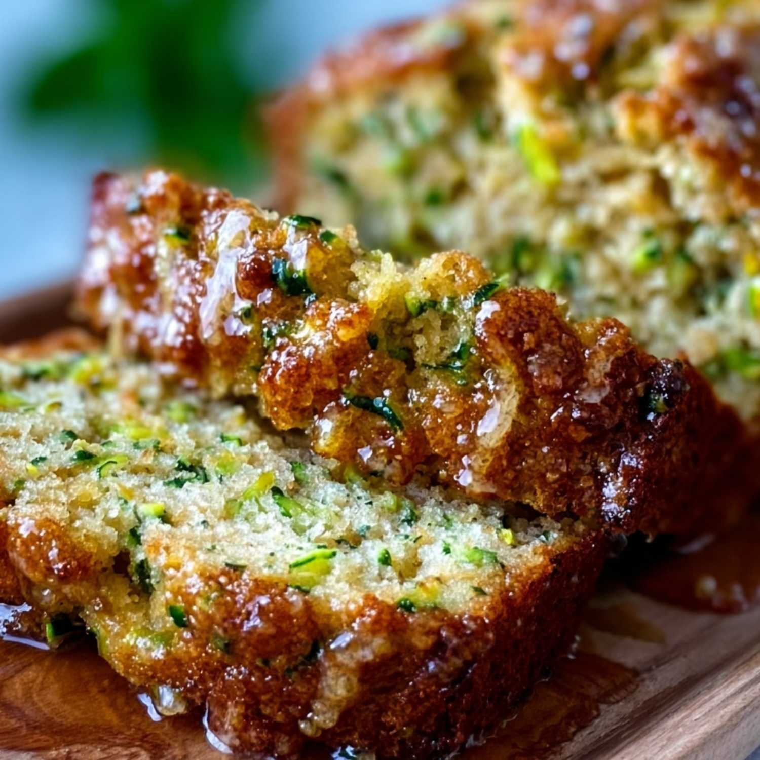 Close-up of gluten free zucchini bread showing moist crumb texture and green zucchini flecks, topped with a glossy golden glaze on a wood board