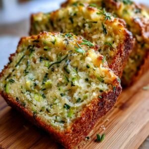 Freshly sliced gluten free zucchini bread with golden crust and tender crumb, topped with fresh herbs on a wooden board