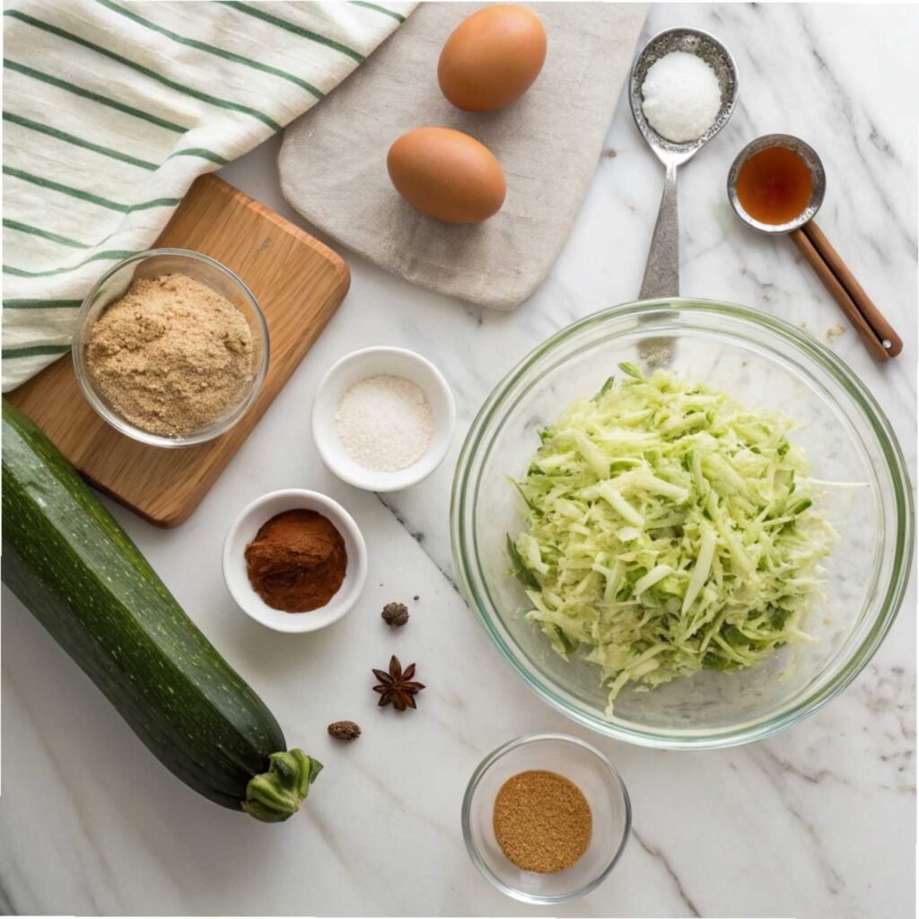 Fresh ingredients for gluten free zucchini bread including shredded zucchini, gluten-free flour, brown sugar, and coconut oil on a marble surface