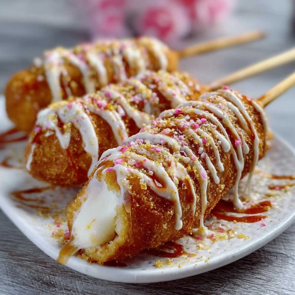 Mozzarella Corn Dog on a modern marble countertop, showcasing its golden crust, melted cheese pull, and colorful sugar sprinkles.