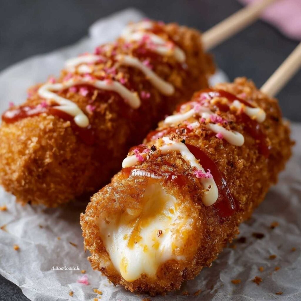 Mozzarella Corn Dog with melted cheese pull and golden crispy crust, topped with ketchup, mayo, and crushed seasoning on parchment paper.