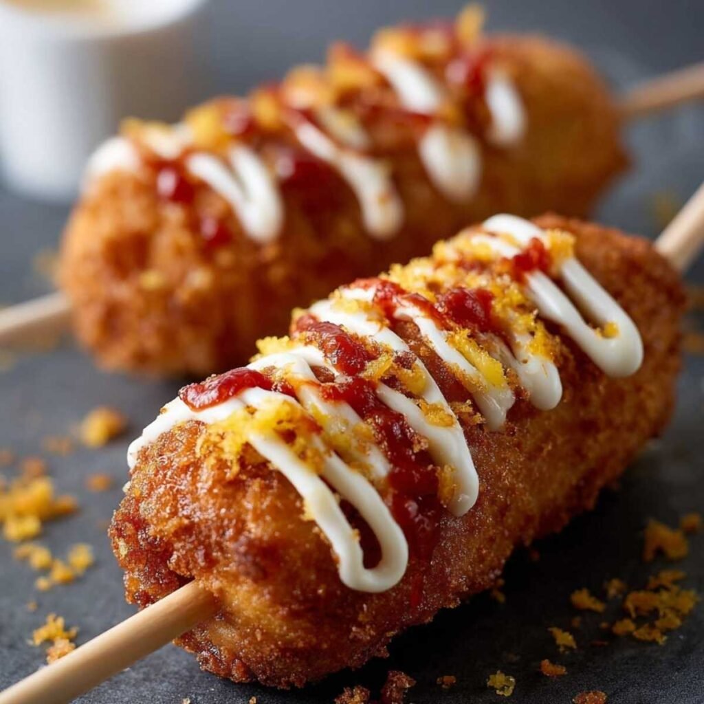 Close-up of Mozzarella Corn Dog showing crispy golden crust and drizzle of ketchup and mayo, served on a dark surface with scattered crumbs.