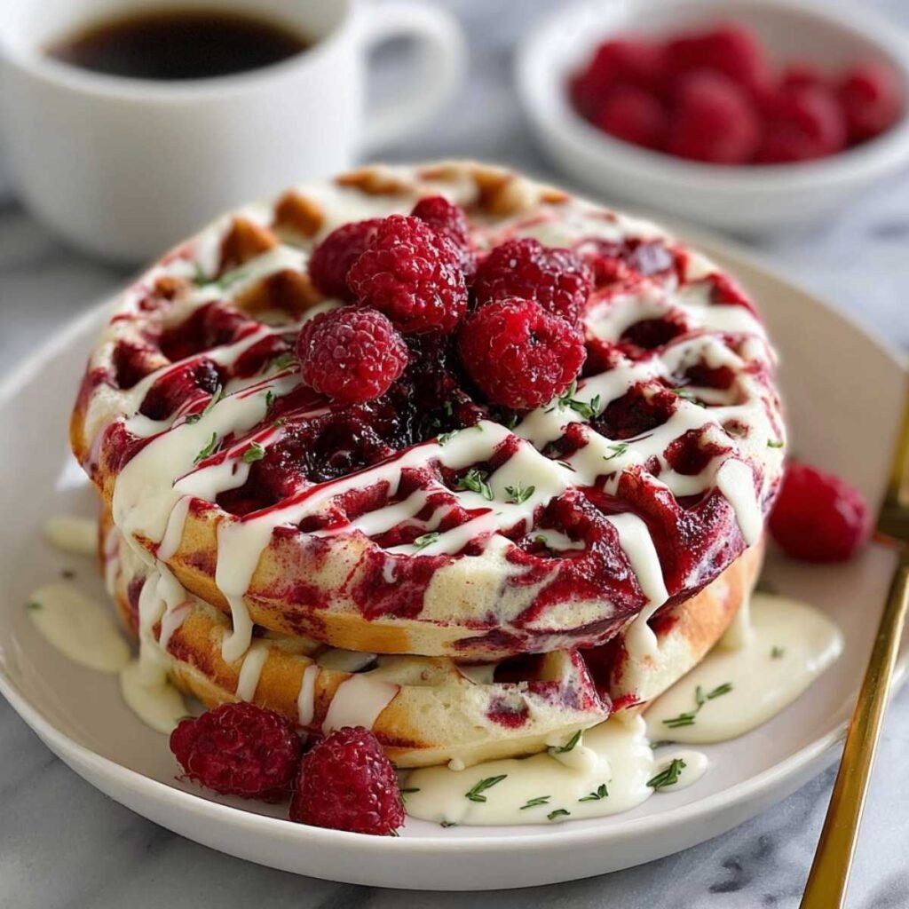 Close-up of Red Velvet Marble Waffles showing marble effect and cream cheese glaze, topped with fresh raspberries on a white ceramic plate