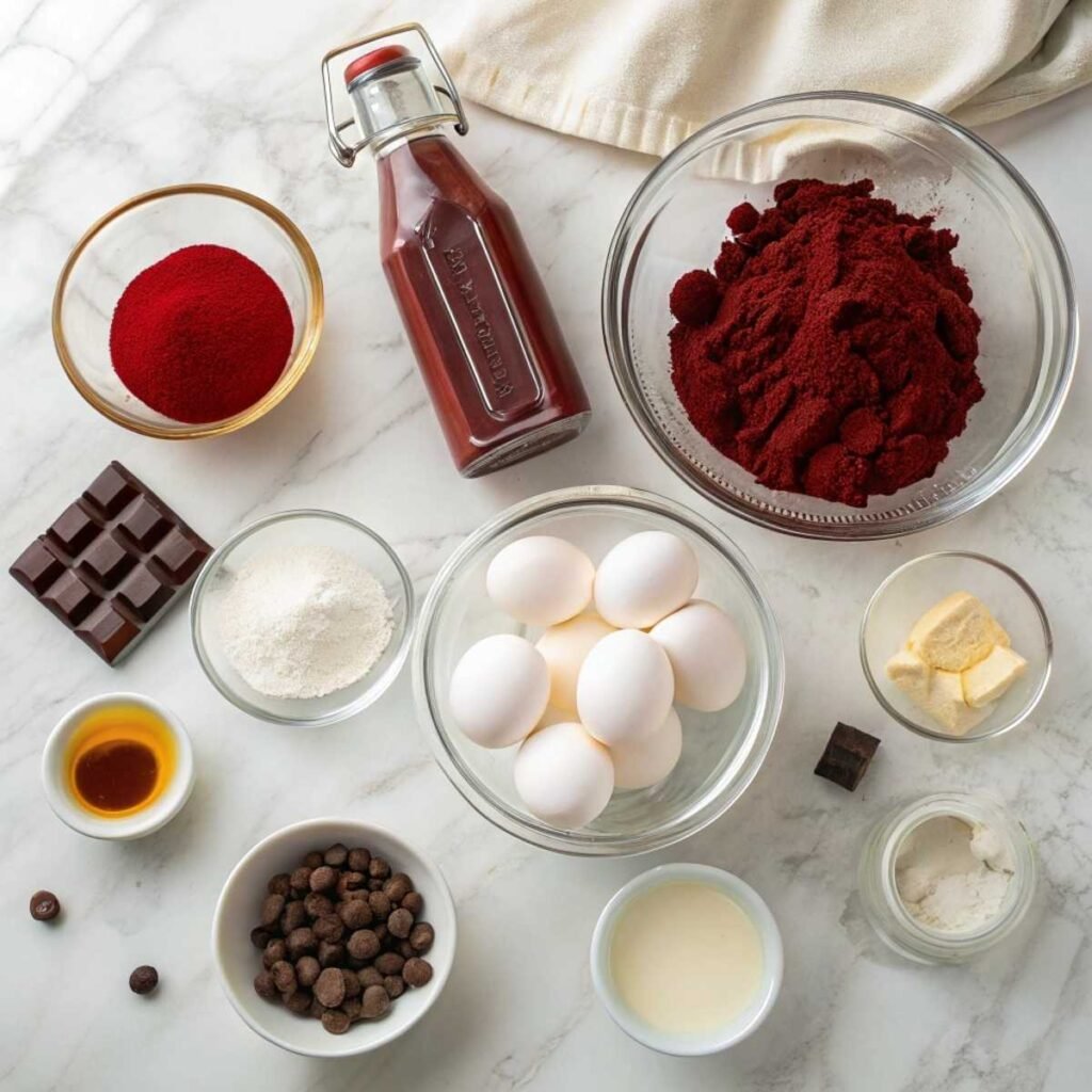 Fresh ingredients for Red Velvet Marble Waffles including cocoa powder, eggs, flour and vanilla extract arranged on a modern marble surface