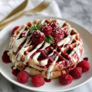 Red Velvet Marble Waffles on a white plate, showcasing stunning marbled appearance with cream cheese glaze and fresh raspberries on top