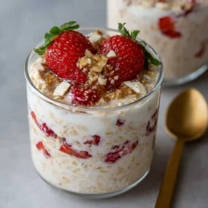 Strawberry Cheesecake Overnight Oats in a clear glass jar, showcasing creamy oat layers with fresh strawberries and graham cracker crumbs on top