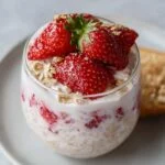 Close-up of Strawberry Cheesecake Overnight Oats showing creamy texture and strawberry preserves swirls, topped with fresh strawberries and oat clusters on glass