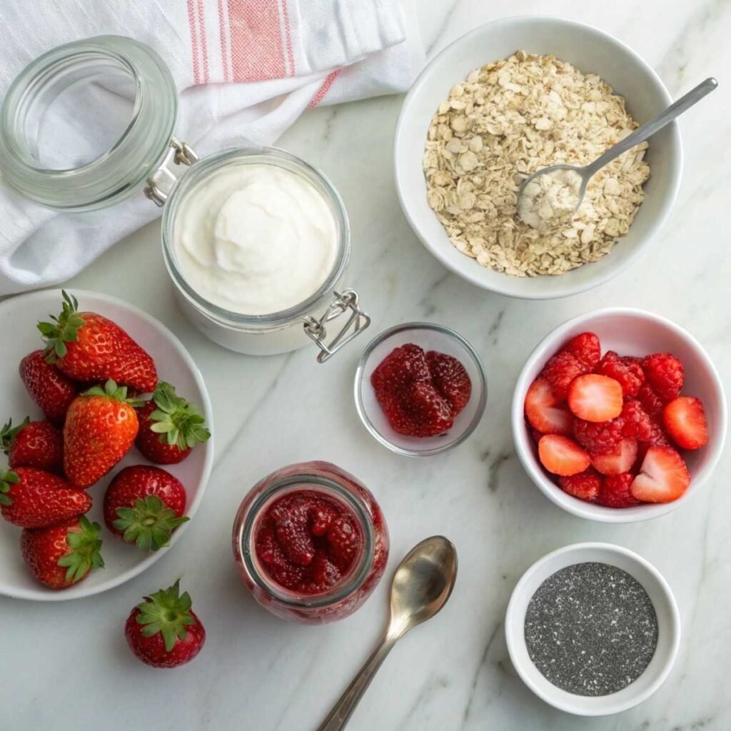 Fresh ingredients for Strawberry Cheesecake Overnight Oats including rolled oats, Greek yogurt, cream cheese and strawberries arranged on a modern marble surface