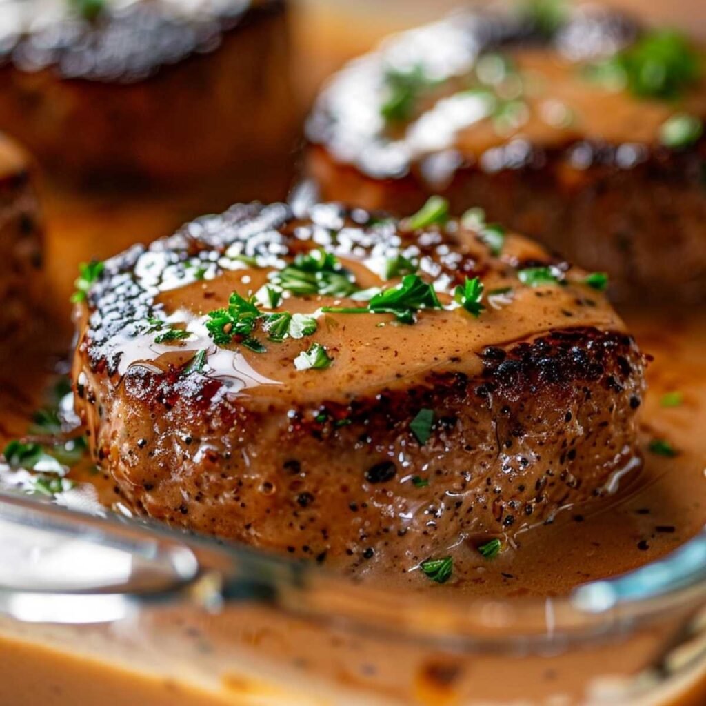 Close-up of juicy Amish Hamburger Steak patties topped with rich brown gravy and fresh parsley in a clear baking dish ready to serve