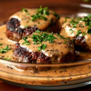 Amish Hamburger Steak Bake on a modern glass dish, showcasing its creamy mushroom gravy with browned beef patties and fresh parsley