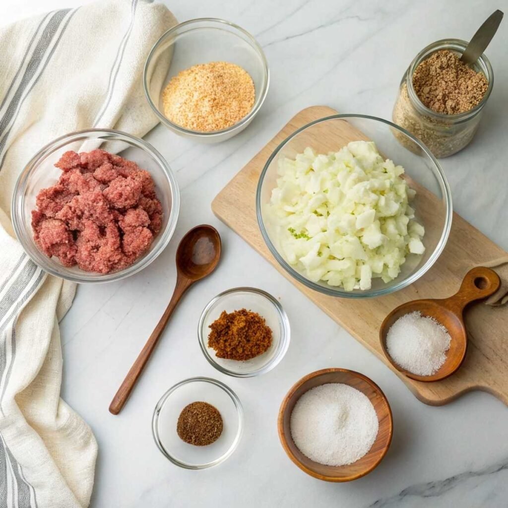 Fresh ingredients for Amish Hamburger Steak Bake including ground beef, diced onion, cracker crumbs, and sour cream arranged on marble.