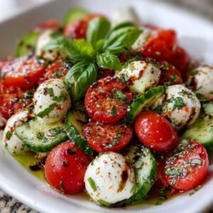 Cucumber Caprese Salad on a marble countertop, showcasing its vibrant cherry tomatoes, fresh mozzarella, and sliced cucumbers with balsamic drizzle