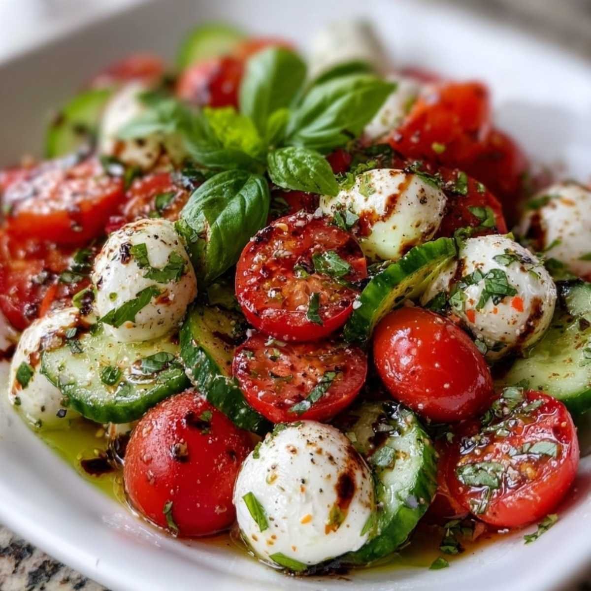 Cucumber Caprese Salad on a marble countertop, showcasing its vibrant cherry tomatoes, fresh mozzarella, and sliced cucumbers with balsamic drizzle