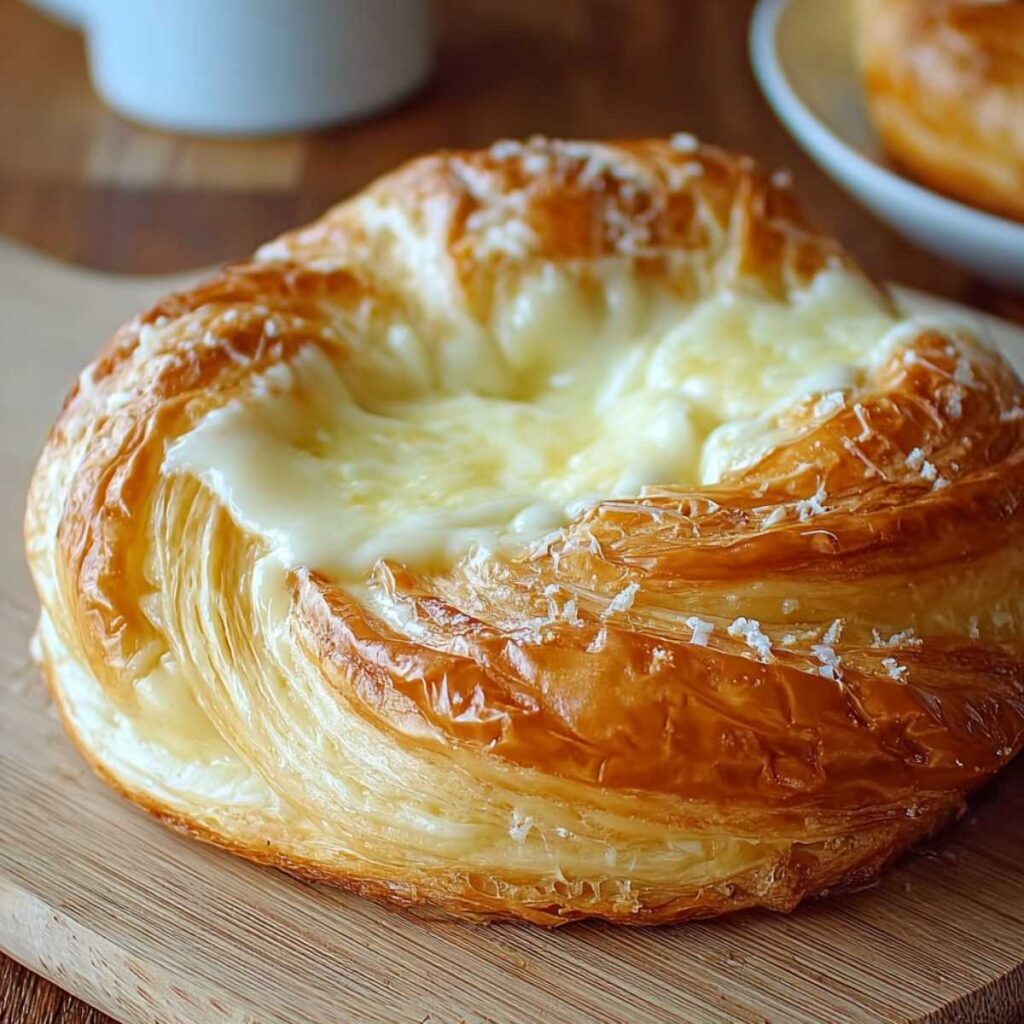 Close-up of a golden-brown Easy Cheese Danish showing flaky pastry texture and creamy center, drizzled with icing on a white plate.