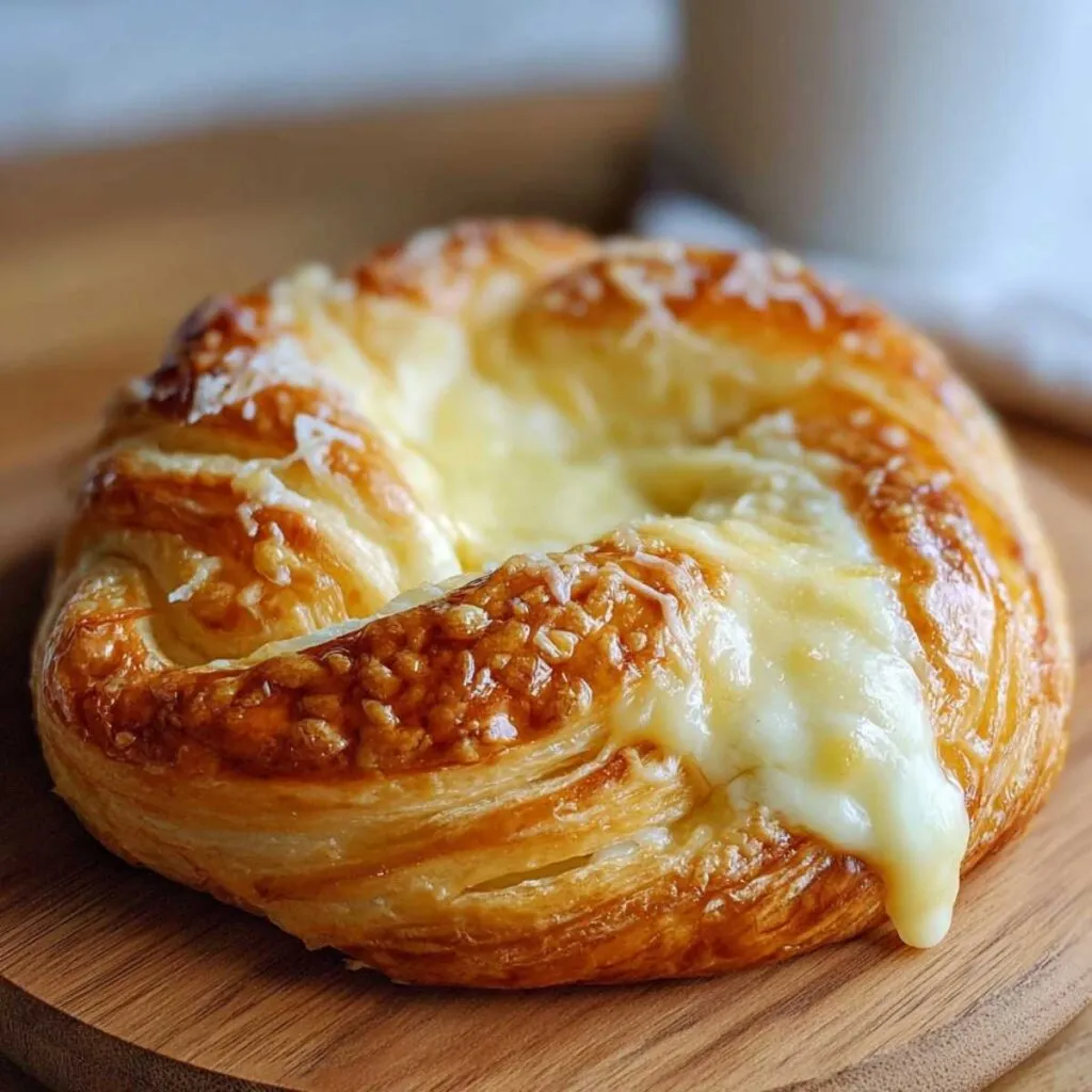 Easy Cheese Danish on a modern marble countertop, showcasing its golden flaky puff pastry layers and a creamy, rich cheese filling.