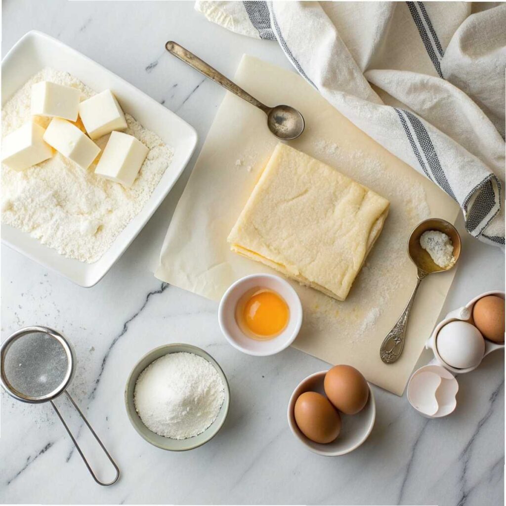 Fresh ingredients for Easy Cheese Danish including puff pastry, cream cheese, an egg, and sugar arranged on a modern marble surface.