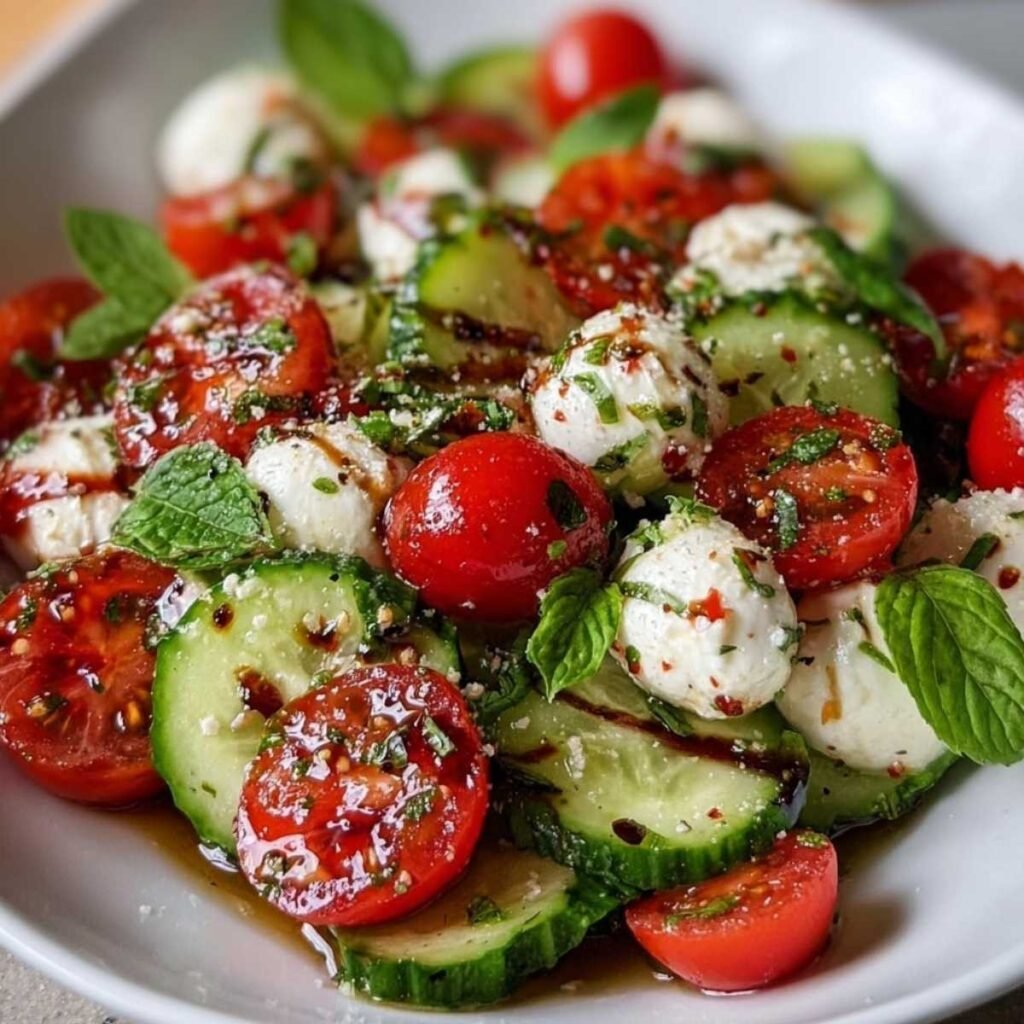 Close-up of Cucumber Caprese Salad with juicy tomatoes, fresh mozzarella balls, sliced cucumbers, and herbs drizzled with balsamic glaze