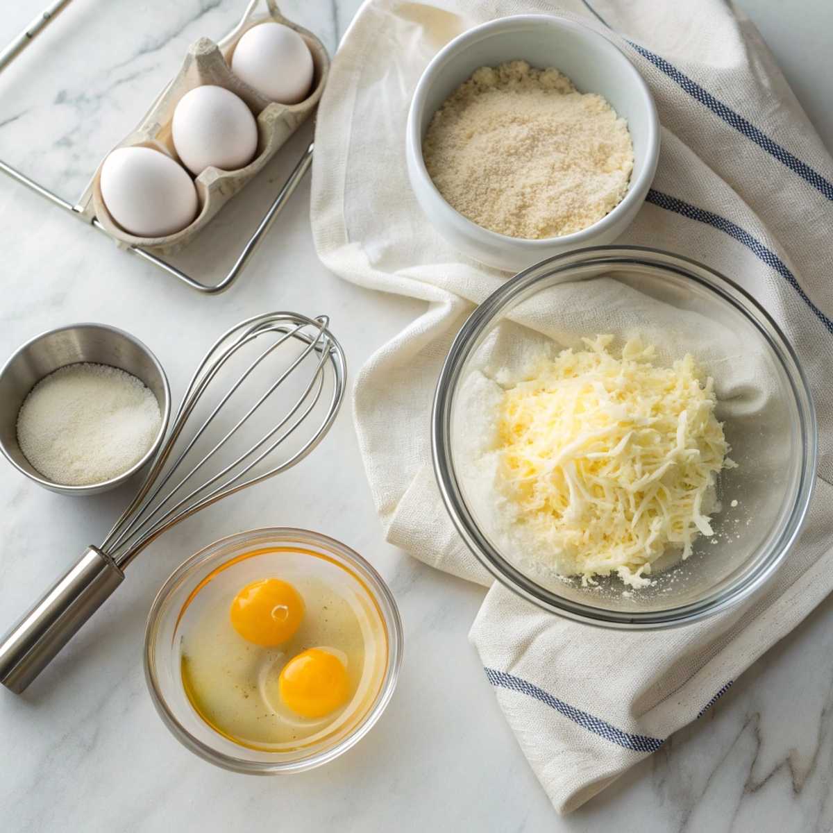 Fresh ingredients for a low carb chaffle including an egg, shredded mozzarella, and almond flour arranged on a modern marble surface.