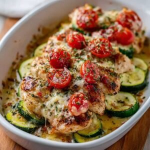Easy Mediterranean Chicken Zucchini on a marble surface, showcasing its roasted cherry tomatoes and golden herb-crusted chicken