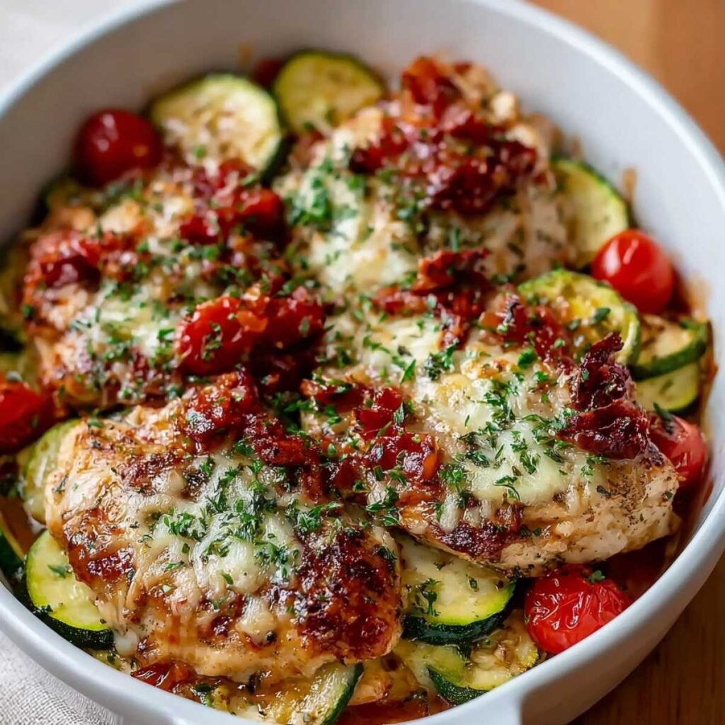 Close-up of Mediterranean Chicken Zucchini showing golden-browned chicken, melted cheese, and caramelized cherry tomatoes on a ceramic dish