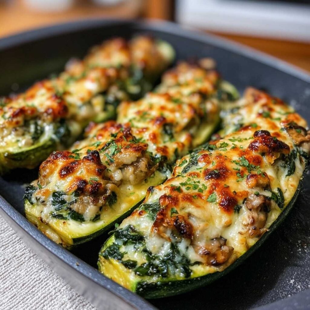 Close-up of Spinach Mushroom and Ricotta Stuffed Zucchini Boats showing golden-browned cheese, wilted spinach, and roasted mushroom topping in a baking dish
