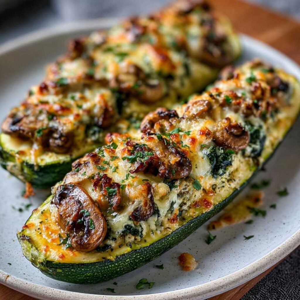 Spinach Mushroom and Ricotta Stuffed Zucchini Boats on a ceramic plate, showcasing golden melted cheese, sautéed mushrooms, and creamy spinach filling