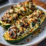 Spinach Mushroom and Ricotta Stuffed Zucchini Boats on a ceramic plate, showcasing golden melted cheese, sautéed mushrooms, and creamy spinach filling