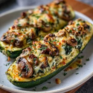 Spinach Mushroom and Ricotta Stuffed Zucchini Boats on a ceramic plate, showcasing golden melted cheese, sautéed mushrooms, and creamy spinach filling
