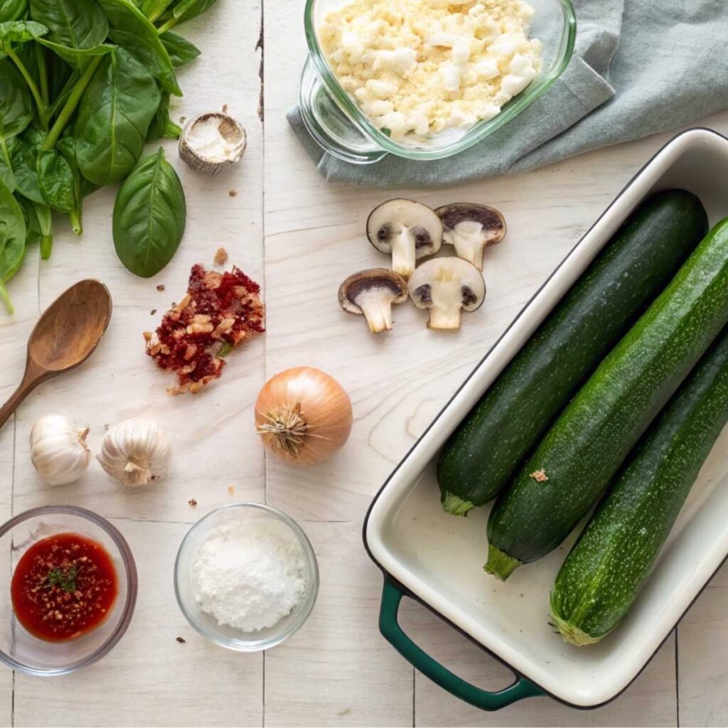 Fresh ingredients for Spinach Mushroom and Ricotta Stuffed Zucchini Boats including zucchini, mushrooms, spinach, and ricotta on a marble surface