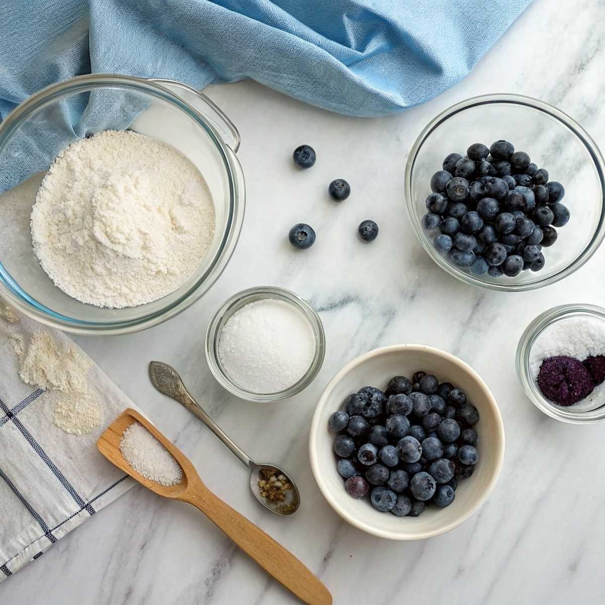 Fresh ingredients for Baked Blueberry Donuts including fresh blueberries, flour, buttermilk, and an egg arranged on a modern marble surface.
