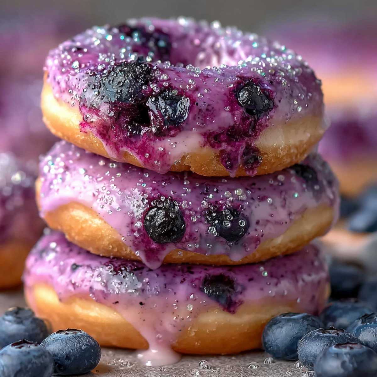 A stack of three baked blueberry donuts with a vibrant purple glaze and sparkling sugar, surrounded by fresh blueberries.