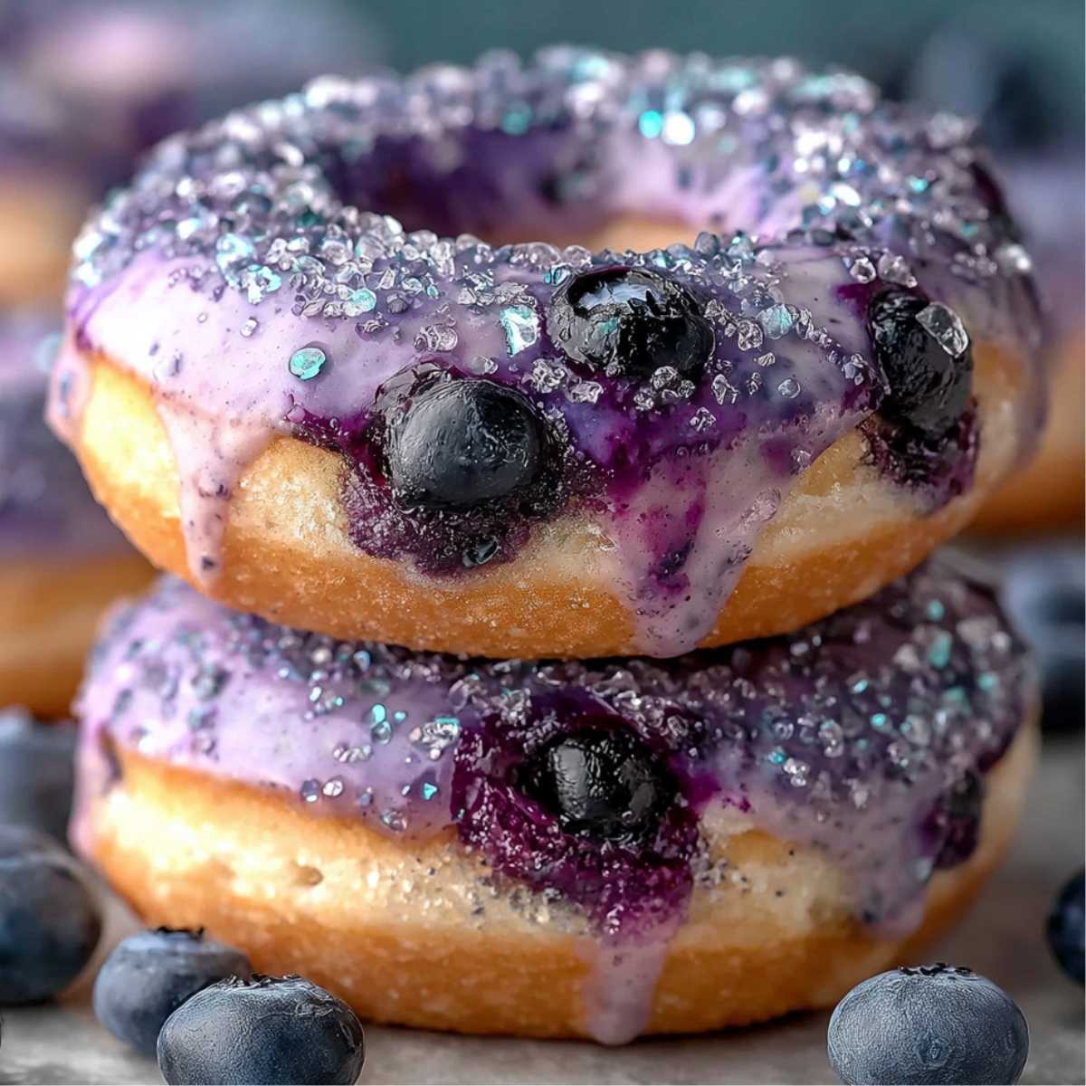 Close-up of stacked baked blueberry donuts featuring a light purple glaze and a generous topping of sparkling sugar crystals.