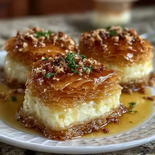 Close-up of Baklava Cheesecake Phyllo Cookies showing golden flaky phyllo and creamy filling, drizzled with honey on a white plate