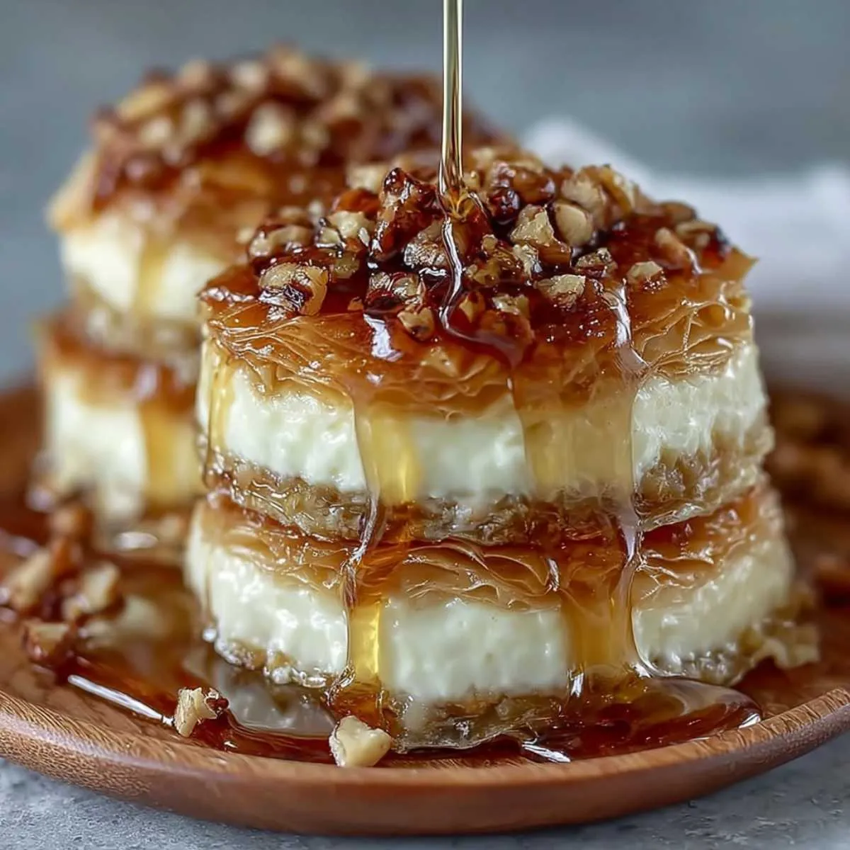 Baklava Cheesecake Phyllo Cookies on a wooden plate, showcasing honey drizzled over flaky phyllo and creamy cheesecake filling, topped with chopped walnuts