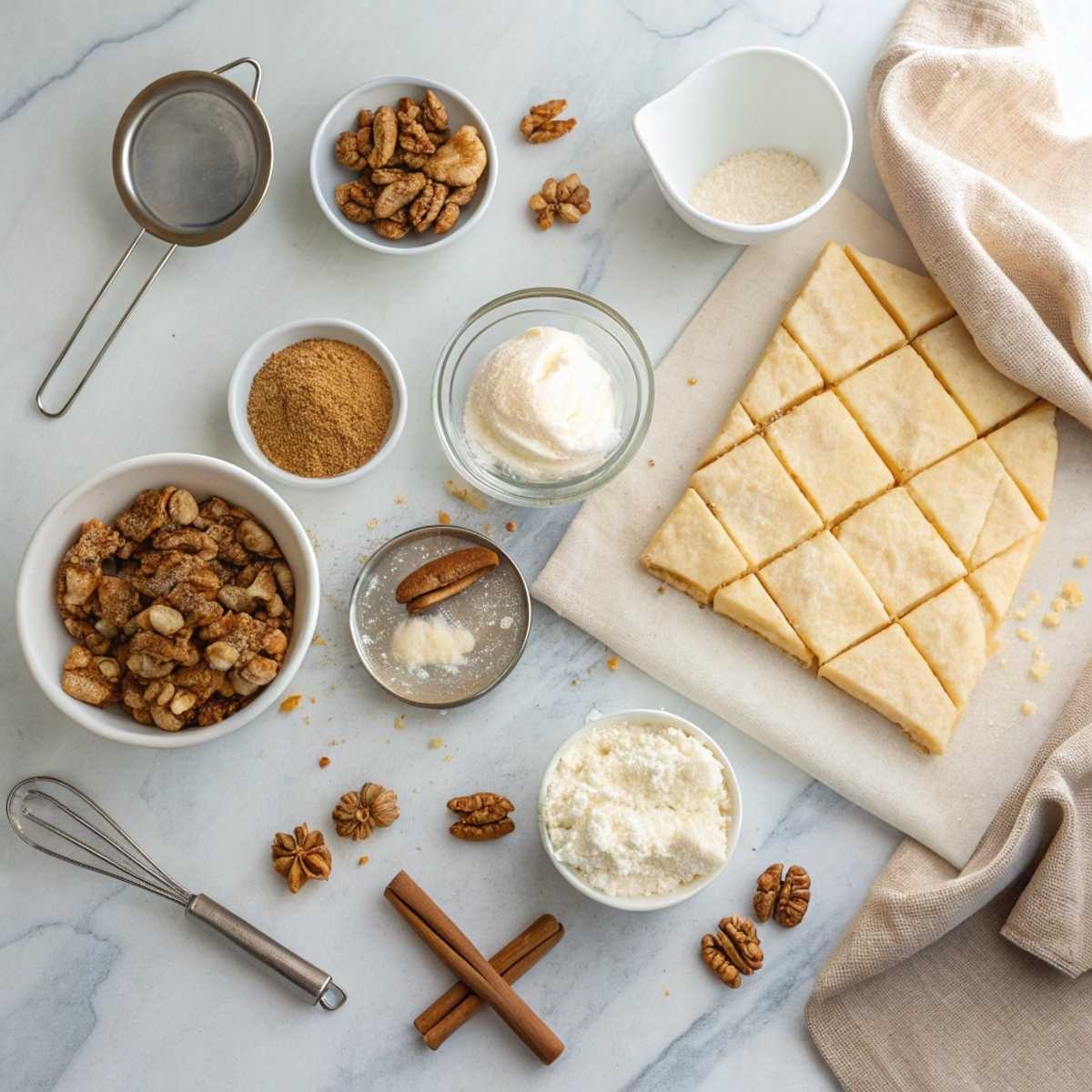 Fresh ingredients for Baklava Cheesecake Phyllo Cookies including phyllo dough, cream cheese, honey, and mixed nuts arranged on a modern marble surface