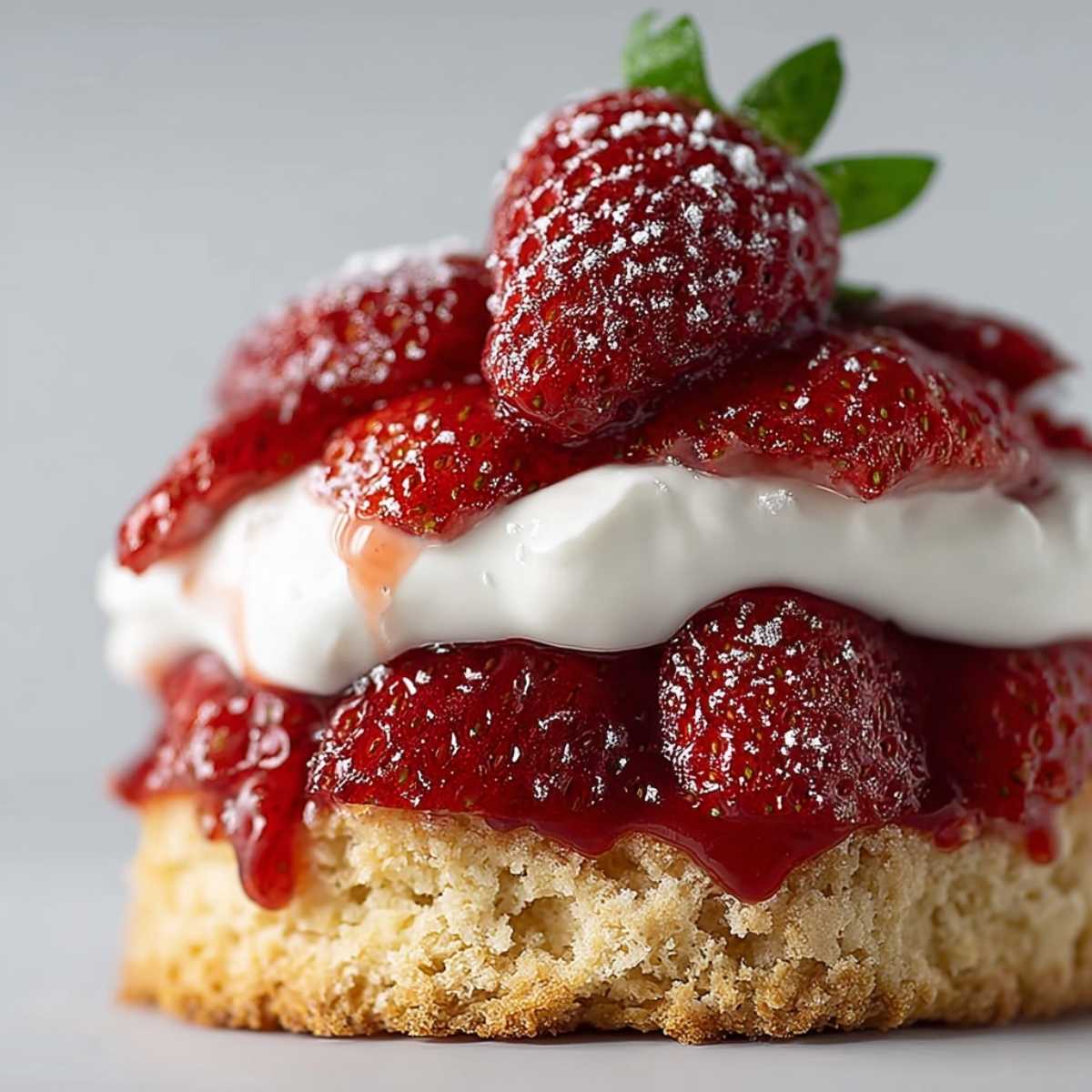 Close-up of Bisquick Strawberry Shortcake showing the tender biscuit crumb and bright red strawberries, garnished with powdered sugar