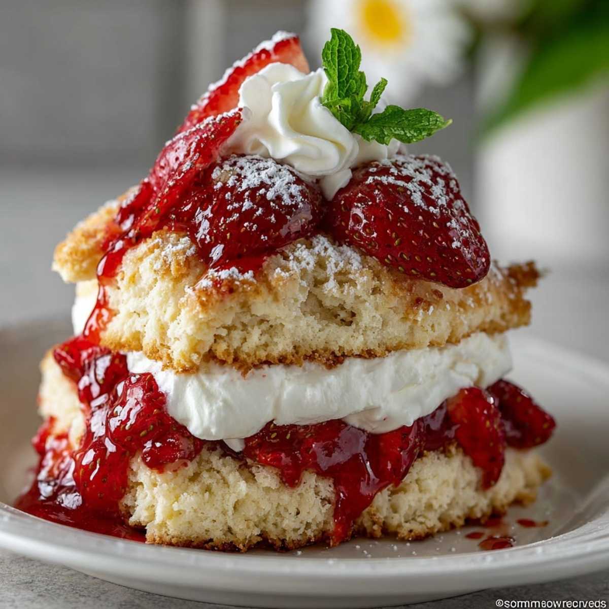 Bisquick strawberry shortcake on a white plate, showcasing its fluffy golden biscuit layers with juicy strawberries and fresh whipped cream