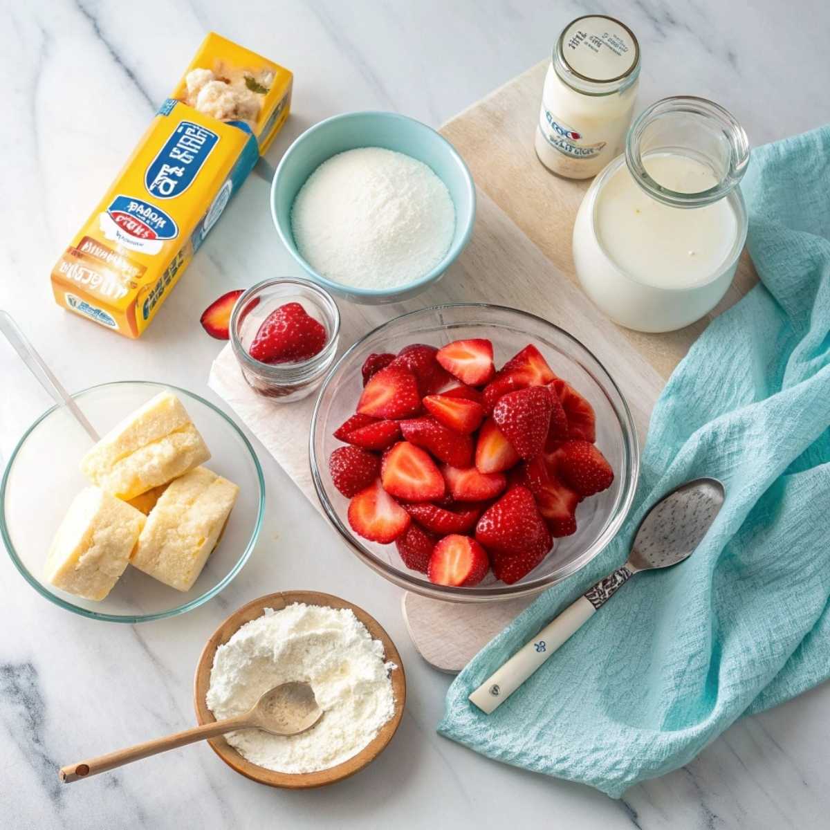 Fresh ingredients for Bisquick Strawberry Shortcake including Bisquick mix, fresh strawberries, milk, and sugar arranged on a modern marble surface.