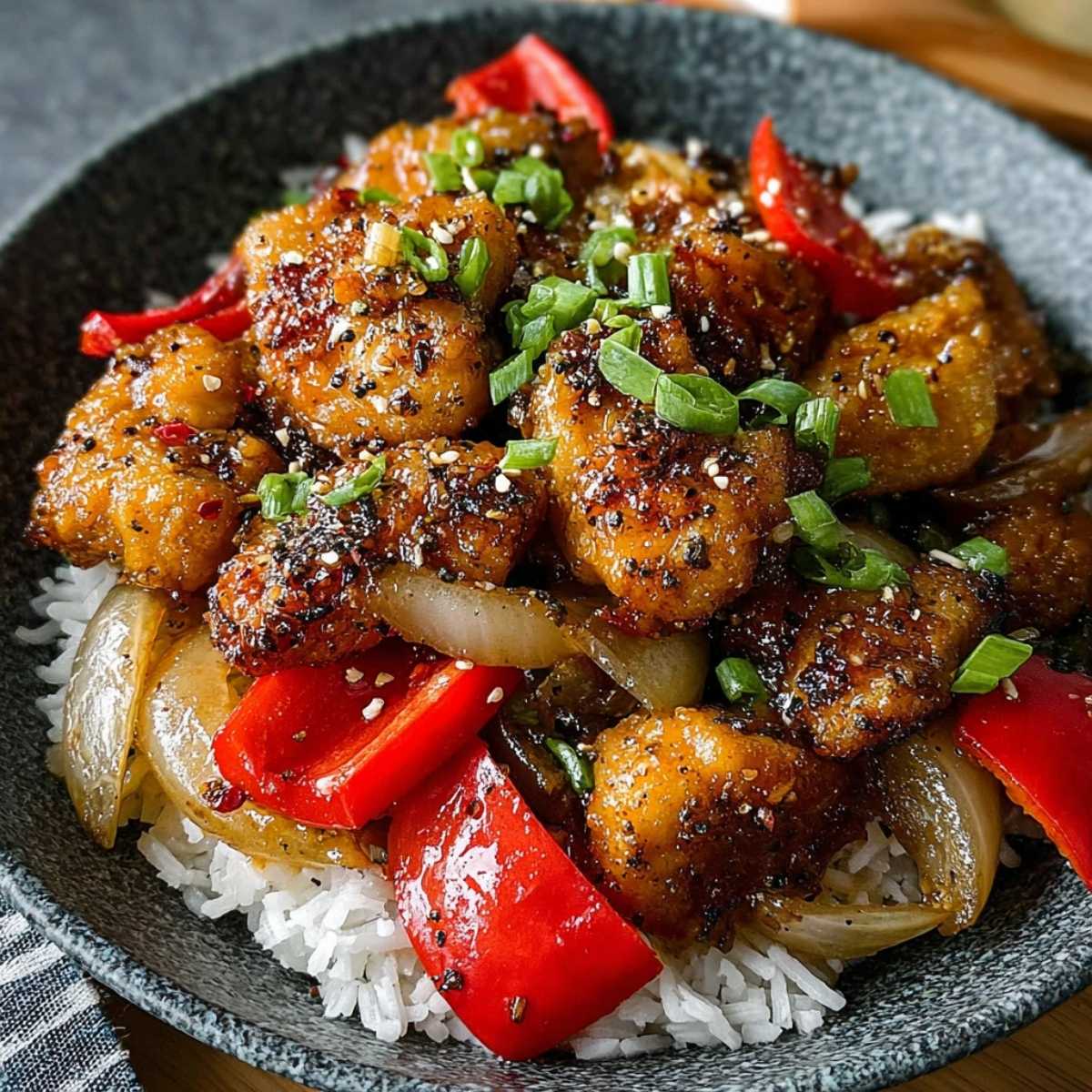 Black Pepper Chicken in a dark grey bowl, showcasing its rich, peppery sauce, red bell peppers, and fresh green onion garnish over white rice