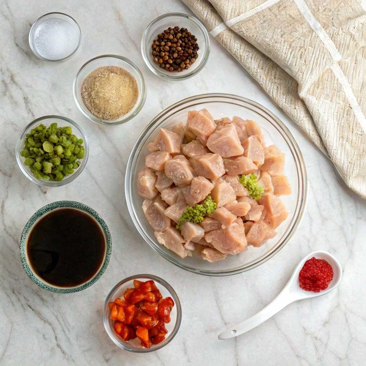 Fresh ingredients for Black Pepper Chicken including cubed chicken breast, soy sauce, bell peppers, and black pepper arranged on a modern marble surface.